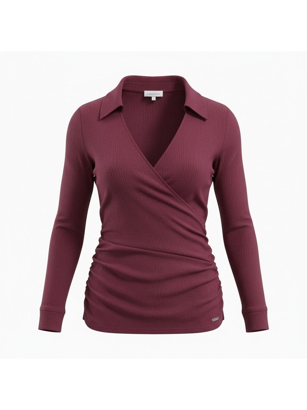 Calvin Klein Burgundy Ribbed Wrap Long Sleeve Top 0X #BL6 - Picture 2 of 9
